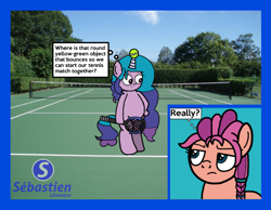 Size: 6057x4699 | Tagged: safe, artist:mrstheartist, artist:ponybaseparadise, izzy moonbow (mlp), sunny starscout (mlp), earth pony, equine, fictional species, mammal, pony, unicorn, feral, friendship is magic, hasbro, my little pony, my little pony g5, spoiler, spoiler:my little pony g5, 2021, absurd resolution, base used, bipedal, border, confused, duo, duo female, female, females only, holding object, mare, serious, serious face, speech bubble, tennis, tennis ball, tennis racket, text, tree