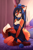 Size: 500x750 | Tagged: safe, artist:-deymos-, artist:iskra, collaboration, oc, oc only, oc:alina, canine, fox, mammal, anthro, plantigrade anthro, 2015, :3, adorasexy, bed, big tail, black nose, blue eyes, blue rose, body markings, bow, breasts, choker, cleavage, clothes, cute, dipstick tail, dress, ear fluff, facial markings, feet, female, flower, fluff, gloves (arm marking), hair, hair accessory, hair band, hair bow, headband, kneeling, legs, lips, looking at you, minidress, off shoulder, on bed, pale belly, paw feet, paws, rose, sexy, smiling, socks, socks (leg marking), solo, solo female, tail, tail fluff, thighs, twintails, vixen
