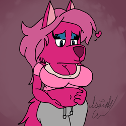 Size: 700x700 | Tagged: safe, artist:isaiahtse, oc, oc only, oc:alpine (isaiahtse), canine, mammal, wolf, anthro, big belly, blue eyes, bra, clothes, female, females only, fur, hair, hands on belly, heart, magenta body, magenta fur, makeup, outie belly button, pregnant, simple background, smiling, solo, solo female, sweatpants, tail, underwear, watermark