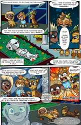 Size: 2036x3148 | Tagged: safe, artist:candyclumsy, chase (paw patrol), marshall (paw patrol), skye (paw patrol), zuma (paw patrol), canine, chocolate labrador, cockapoo, dalmatian, dog, fictional species, german shepherd, ghost, labrador, mammal, undead, feral, nickelodeon, paw patrol, 2020, clothes, coffin, comic, commission, corpse, costume, death, dialogue, digital art, ears, eyelashes, eyes closed, fainting, female, funeral, fur, group, hair, halloween, halloween costume, high res, holiday, looking at you, lying down, male, open mouth, sad, screaming, sharp teeth, shocked, speech bubble, spotted body, spotted fur, tail, talking, teeth, text, tongue