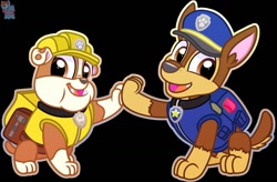 Size: 1280x842 | Tagged: safe, artist:rainbow eevee, chase (paw patrol), rubble (paw patrol), bulldog, canine, dog, english bulldog, german shepherd, mammal, feral, nickelodeon, paw patrol, 2020, bag, black nose, clothes, collar, digital art, double outline, duo, duo male, ears, fur, hat, helmet, male, males only, sitting, tail, topwear, vest
