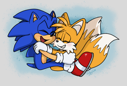 Size: 1258x855 | Tagged: dead source, safe, artist:devotedsidekick, miles "tails" prower (sonic), sonic the hedgehog (sonic), canine, fox, hedgehog, mammal, red fox, anthro, plantigrade anthro, sega, sonic the hedgehog (series), 2021, bros, cute, dipstick tail, duo, duo male, fluff, hug, male, males only, multiple tails, orange tail, quills, tail, tail fluff, two tails, white tail