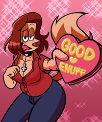 Size: 2500x3000 | Tagged: safe, artist:galactabee, oc, oc:nikki (galactabee), canine, dog, mammal, anthro, 2021, box of chocolates, breasts, cleavage, female, heart, high res, holiday, jewelry, looking at you, necklace, open mouth, solo, solo female, text, valentine's day