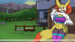 Size: 2222x1250 | Tagged: suggestive, artist:yawg, braixen, fictional species, mammal, anthro, nintendo, pokémon, 2021, arm fluff, belly button, breasts, cheek fluff, chewing, clothes, detailed background, dipstick tail, eyebrows, eyelashes, female, fence, fluff, fur, grass, hand hold, head fluff, holding, house, leaning back, legwear, looking at you, orange body, orange eyes, orange fur, outdoors, panties, sharp teeth, solo, solo female, starter pokémon, stick, tail, tail fluff, teeth, thigh highs, topwear, underwear, white body, white fur, yellow body, yellow fur
