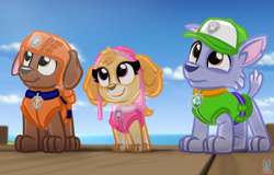Size: 1920x1225 | Tagged: safe, artist:rainbow eevee, rocky (paw patrol), skye (paw patrol), zuma (paw patrol), canine, cockapoo, dog, labrador, mammal, mutt, nickelodeon, paw patrol, blue sky, brown eyes, clothes, cloud, collar, cute, female, frowning, goggles, goggles on head, green eyes, grin, group, hat, helmet, looking up, male, pier, pink eyes, smiling, straps, trio