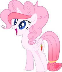 Size: 1155x1346 | Tagged: safe, artist:muhammad yunus, oc, oc only, oc:strawberries, alicorn, equine, fictional species, mammal, pony, feral, friendship is magic, hasbro, my little pony, blue eyes, curled hair, female, hair, happy, horn, mare, open mouth, pink tail, simple background, solo, solo female, tail, transparent background