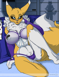 Size: 966x1250 | Tagged: suggestive, artist:yawg, fox mccloud (star fox), fictional species, renamon, anthro, digimon, nintendo, star fox, black sclera, blep, blue eyes, blushing, bra, breasts, bridal gauntlets, cameltoe, chest fluff, clothes, colored sclera, dipstick ears, dipstick tail, ear fluff, eyebrows, eyelashes, female, female focus, fluff, fur, head fluff, indoors, leg fluff, looking at you, neck fluff, offscreen character, palm pads, panties, paw pads, paws, pinup, pubic fluff, shadow, shoulder fluff, silhouette, solo focus, tail, tail fluff, tail wag, tongue, tongue out, underwear, white body, white fur, yellow body, yellow fur