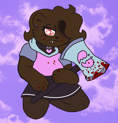 Size: 800x830 | Tagged: safe, artist:cuddlygrizzly, oc, oc:cuddle the grizzly, bear, mammal, anthro, axe, background, blood, blood stains, bloody, bottomwear, broken heart, brown body, brown hair, choker, clothes, collar, cute, ear piercing, ears, fangs, female, grimcute, hair, hammer, heart, heart eyes, hidden eyes, hoodie, implied murder, kneeling, mascot, paws, piercing, pink eyes, sharp teeth, simple background, sinister, skirt, slightly chubby, solo, solo female, teeth, topwear, weapon, wingding eyes