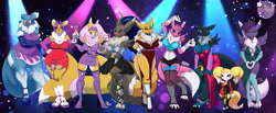 Size: 5416x2222 | Tagged: suggestive, artist:evily arts, artist:furball, artist:lamont786, artist:nightfaux, artist:s-nina, artist:savageshark, artist:stogiegoatarts, artist:yawg, collaboration, oc, oc only, oc:reyna (lamont786), fictional species, renamon, anthro, digitigrade anthro, digimon, 2021, abstract background, anklet, barefoot, bedroom eyes, big breasts, big tail, black sclera, blue body, blue fur, blushing, body markings, bottomwear, bracelet, breasts, bridal gauntlets, brown body, brown fur, cheek fluff, chest fluff, clothes, colored sclera, dipstick ears, dipstick tail, dress, ear fluff, ear piercing, earring, elbow fluff, eyebrows, eyelashes, fangs, female, females only, fishnet, fishnet stockings, fluff, fur, glass, glasses, gloves, gloves (arm marking), green eyes, group, hair, hand hold, hand on hip, heart hands, heterochromia, high heels, holding, jewelry, leg fluff, legwear, lights, long gloves, long hair, looking at you, magenta eyes, neck fluff, nose piercing, nose ring, open mouth, pale belly, pendant, piercing, pink body, pink fur, purple body, purple eyes, purple fur, red eyes, renamon appeciation month, round glasses, see-through, sharp teeth, shoes, shorts, shoulder fluff, signature, skirt, socks (leg marking), stockings, tail, tail fluff, teeth, thick thighs, thighs, toeless legwear, wall of tags, wide hips, yellow body, yellow fur
