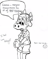 Size: 1670x2028 | Tagged: safe, artist:magical-mama, clarabelle cow (disney), bovid, cattle, cow, mammal, anthro, disney, mickey and friends, minnie 'n me, 2d, dialogue, female, monochrome, solo, solo female, talking, ungulate, young, younger