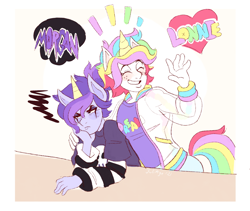 Size: 1280x1081 | Tagged: safe, artist:julimye, dark (teen-z), light (teen-z), animal humanoid, equine, fictional species, mammal, unicorn, humanoid, teen-z, annoyed, bottomwear, brother, brothers, clothes, duo, happy, horn, hug, makeup, male, males only, shirt, siblings, tail, topwear