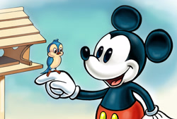 Size: 2978x2014 | Tagged: safe, artist:zdrer456, mickey mouse (disney), bird, mammal, mouse, rodent, anthro, feral, disney, mickey and friends, 2d, ambiguous gender, birdhouse, black body, black fur, fur, high res, male, murine, on model, solo, solo male