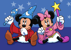 Size: 1248x883 | Tagged: safe, artist:artiecanvas, mickey mouse (disney), minnie mouse (disney), mammal, mouse, rodent, anthro, disney, fantasia, mickey and friends, 2d, age regression, baby, black body, black fur, diaper, duo, female, fur, male, pacifier, rattle, young, younger