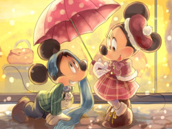 Size: 960x720 | Tagged: safe, artist:natsu-nori, mickey mouse (disney), minnie mouse (disney), mammal, mouse, rodent, anthro, disney, mickey and friends, 2d, black body, black fur, blushing, cute, duo, female, fur, male, male/female, mickeyminnie (disney), murine, shipping, umbrella, wholesome