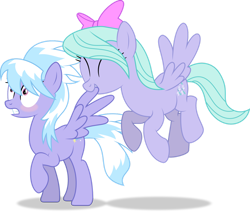 Size: 1280x1084 | Tagged: safe, artist:thatusualguy06, cloudchaser (mlp), flitter (mlp), equine, fictional species, mammal, pegasus, pony, feral, friendship is magic, hasbro, my little pony, .svg available, blushing, female, female/female, flying, grooming, hooves, incest, mare, preening, raised hoof, shrunken pupils, simple background, transparent background, vector, wingboner