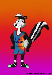Size: 1280x1857 | Tagged: safe, artist:danderejordan, pepe le pew (looney tunes), mammal, skunk, anthro, looney tunes, space jam, space jam: a new legacy, warner brothers, ball, basketball, black body, black fur, front view, fur, looking at you, male, solo, solo male, standing, three-quarter view
