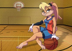 Size: 1024x729 | Tagged: safe, artist:roarmew, lola bunny (looney tunes), lagomorph, mammal, rabbit, anthro, looney tunes, space jam, space jam: a new legacy, warner brothers, ball, basketball, breasts, clothes, cream body, cream fur, female, front view, fur, looking at you, sitting, smiling, solo, solo female, three-quarter view