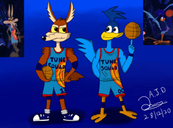 Size: 1280x949 | Tagged: safe, artist:danderejordan, road runner (looney tunes), wile e. coyote (looney tunes), bird, canine, coyote, greater roadrunner, mammal, roadrunner, anthro, digitigrade anthro, feral, plantigrade anthro, looney tunes, space jam, space jam: a new legacy, warner brothers, anthrofied, duo, duo male, feathers, looking at you, male, males only, tail, tail feathers