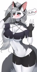 Size: 1457x2825 | Tagged: safe, artist:swetpot, loona (vivzmind), canine, fictional species, hellhound, mammal, anthro, hazbin hotel, helluva boss, 2021, areola, belly button, big breasts, black body, black fur, black nose, blushing, bottomwear, breasts, cameltoe, cleavage, clothes, collar, colored sclera, crop top, dialogue, ear fluff, ear piercing, ears, eyebrows, eyelashes, eyeshadow, female, fingerless gloves, fluff, fur, gloves, gray hair, hair, heart, long hair, looking at you, love heart, makeup, open mouth, open smile, piercing, red sclera, shy, simple background, smiling, smiling at you, solo, solo female, speech bubble, spiked collar, sweat, tail, talking, thick thighs, thighs, tongue, topwear, torn clothes, torn ear, white background, white body, white eyes, white fur