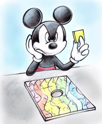 Size: 2226x2695 | Tagged: safe, artist:zdrer456, mickey mouse (disney), mammal, mouse, rodent, anthro, disney, mickey and friends, 2d, annoyed, black body, black fur, fur, high res, male, on model, puzzle, solo, solo male