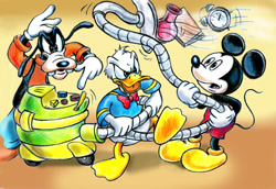 Size: 1037x714 | Tagged: safe, artist:zdrer456, donald duck (disney), goofy (disney), mickey mouse (disney), bird, canine, dog, duck, mammal, mouse, rodent, waterfowl, anthro, disney, mickey and friends, 2d, angry, annoyed, black body, black fur, feathers, fur, male, males only, murine, on model, trio, trio male, white feathers