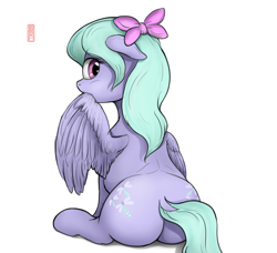 Size: 3782x3446 | Tagged: safe, artist:celsian, flitter (mlp), equine, fictional species, mammal, pegasus, pony, friendship is magic, hasbro, my little pony, 2d, both cutie marks, bow, butt, cute, cutie mark, doodle, female, grooming, high res, looking at you, looking back, mare, preening, rear view, signature, sitting, solo, solo female, ungulate