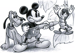 Size: 1744x1232 | Tagged: safe, artist:zdrer456, mickey mouse (disney), pluto (disney), arthropod, canine, caterpillar, dog, insect, mammal, mouse, rodent, anthro, feral, disney, mickey and friends, 2d, angry, duo, duo male, grayscale, male, males only, monochrome, on model