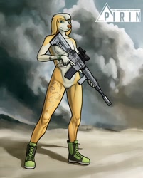 Size: 1027x1280 | Tagged: suggestive, alternate version, artist:pirin-apex, oc, oc only, spaniel, anthro, 2019, black nose, breasts, digital art, featureless breasts, featureless crotch, female, fur, gun, hair, looking at you, m16a4, rifle, shoes only, simple background, solo, solo female, tattoo, thighs, weapon, wide hips