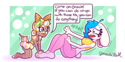 Size: 1788x894 | Tagged: safe, artist:goobie, oc, oc:gracie bell, lagomorph, mammal, rabbit, anthro, agender, big breasts, breasts, clothes, crop top, cute, dress, duo, exercise, female, kawaii, nonbinary, pants, situps, size difference, sweat, tight clothing, topwear, undercut, workout, yoga pants
