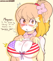 Size: 873x1000 | Tagged: suggestive, artist:pongldr, isabelle (animal crossing), canine, dog, mammal, shih tzu, anthro, animal crossing, nintendo, 2019, american flag, big breasts, bikini, bikini top, blushing, breasts, cleavage, clothes, dialogue, digital art, female, flag bikini, fur, hair, looking at you, open mouth, ponytail, simple background, solo, solo female, stars and stripes, swimsuit, talking, text, toy dog, underwear, united states of america, yellow body, yellow fur