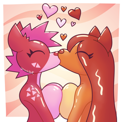 Size: 3000x3000 | Tagged: suggestive, artist:goobie, animate object, canine, fictional species, food creature, fox, mammal, anthro, big breasts, breast frottage, breast squish, breasts, chocolate, chocolate vixen, duo, female, food, heart, high res, kissing, vixen