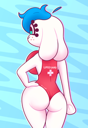 Size: 2000x2892 | Tagged: suggestive, artist:goobie, oc, oc:gracie bell, lagomorph, mammal, rabbit, anthro, agender, big breasts, big butt, breasts, butt, clothes, high res, lifeguard, nonbinary, one-piece swimsuit, rear view, solo, solo female, swimsuit, thick thighs, thighs, undercut