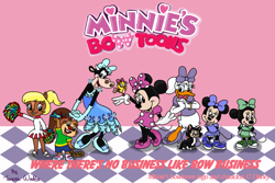 Size: 1200x800 | Tagged: safe, artist:animationfanatic, clarabelle cow (disney), cuckoo loca (minnie's bow-toons), daisy duck (disney), figaro (pinocchio), melody mouse (disney), millie mouse (disney), minnie mouse (disney), otto (minnie's bow-toons), roxie (minnie's bow-toons), bird, bovid, cat, cattle, cow, duck, feline, mammal, mouse, rodent, squirrel, waterfowl, anthro, feral, disney, mickey and friends, minnie's bow-toons, 2d, black body, black fur, bow, brown body, brown fur, clothes, dress, feathers, female, front view, fur, gloves, group, hair, indoors, male, murine, puffy sleeves, shoes, sitting, standing, tail, tan body, white feathers, yellow hair, young