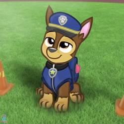 Size: 1480x1475 | Tagged: safe, artist:rainbow eevee, chase (paw patrol), canine, dog, german shepherd, mammal, nickelodeon, paw patrol, april fools' day, brown eyes, clothes, grass, grin, lidded eyes, looking up, male, police uniform, sitting, smiling, smirk, snickering, solo, solo male, traffic cone
