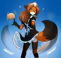 Size: 1358x1280 | Tagged: safe, artist:twokinds, laura (twokinds), fictional species, keidran, mammal, anthro, twokinds, 2021, black nose, blue eyes, brown hair, clothes, digital art, duster, ear fluff, female, fluff, fur, gloves (arm marking), gradient background, hair, looking at you, looking back, looking back at you, maid, maid outfit, multicolored fur, onomatopoeia, orange body, orange fur, rear view, solo, solo female, text, two toned body, two toned fur, white body, white fur