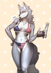 Size: 2067x2923 | Tagged: suggestive, artist:pgm300, oc, oc only, oc:cervina, canine, mammal, wolf, anthro, 1911a1, 2018, american flag bikini, belly button, bikini, black nose, bra, breasts, chest fluff, clothes, ear fluff, female, flag bikini, fluff, fur, gray body, gray fur, gun, hand on hip, handgun, high res, holding object, looking at you, no trigger discipline, panties, ranged weapon, simple background, solo, solo female, standing, stars and stripes, swimsuit, tail, tail fluff, underwear, united states of america, weapon, yellow eyes