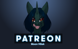 Size: 1460x918 | Tagged: safe, artist:moonhoek, oc, oc only, oc:angler, equine, fictional species, kelpie, mammal, pony, unicorn, advertisement, amber eyes, digital art, fangs, female, licking, licking lips, looking at you, patreon, patreon logo, sharp teeth, solo, solo female, teeth, tongue, tongue out