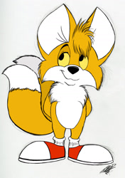 Size: 1280x1823 | Tagged: safe, artist:vulpes-lagopus21, miles "tails" prower (sonic), canine, fox, mammal, red fox, anthro, plantigrade anthro, disney, sega, sonic the hedgehog (series), 2021, colored sclera, dipstick tail, fluff, male, multiple tails, orange tail, solo, solo male, style emulation, tail, tail fluff, two tails, white tail, yellow sclera