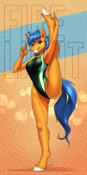 Size: 3000x6000 | Tagged: suggestive, artist:mykegreywolf, oc, oc only, oc:fire light (acejetstream), earth pony, equine, fictional species, mammal, pony, anthro, unguligrade anthro, friendship is magic, hasbro, my little pony, 2021, abstract background, absurd resolution, anthrofied, armpits, blue hair, blue tail, breasts, butt, clothes, commission, english text, eyebrows, eyelashes, female, freckles, fur, glistening hair, glistening tail, green eyes, hair, high-cut clothing, hooves, leg hold, looking at you, mare, one leg raised, one-piece swimsuit, orange body, orange fur, raised leg, short hair, smiling, smiling at you, solo, solo female, sport swimsuit, standing, standing split, swimsuit, tail, teeth, underass