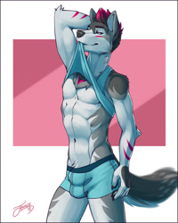 Size: 804x1004 | Tagged: suggestive, artist:feralise, oc, oc only, canine, mammal, wolf, anthro, 2018, 5 fingers, abs, athletic, athletic anthro, athletic male, belly button, black hair, black nose, briefs, bulge, clothes, clothing lift, femboy, fingers, fur, gray body, gray fur, gray hair, hair, hand behind head, looking aside, male, multicolored body, multicolored fur, multicolored hair, muscles, pecs, pink background, pink body, pink fur, pink hair, pinup, pose, shirt, shirt lift, simple background, slim, smiling, smirk, solo, solo male, standing, teasing, topwear, two toned hair, underwear, undressing, white body, white fur