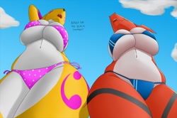 Size: 1280x852 | Tagged: safe, artist:creatiffy, fictional species, guilmon, renamon, anthro, digimon, 2018, beach, big breasts, bikini, black nose, breasts, clothes, cloud, dialogue, digital art, duo, duo female, ears, eyelashes, faceless female, female, females only, fur, huge breasts, offscreen character, open mouth, sky, swimsuit, tail, talking, text