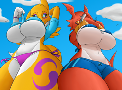Size: 1024x752 | Tagged: safe, artist:creatiffy, fictional species, guilmon, renamon, anthro, digimon, 2018, armpits, beach, big breasts, bikini, black nose, black sclera, blushing, bottomwear, breasts, claws, clothes, cloud, colored sclera, digital art, duo, duo female, ears, eyelashes, female, females only, fur, huge breasts, looking at you, looking down, looking down at you, open mouth, shirt, shirt lift, shorts, sky, swimsuit, tail, topwear