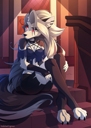 Size: 2500x3536 | Tagged: safe, artist:redchet_green, loona (vivzmind), canine, fictional species, hellhound, mammal, anthro, digitigrade anthro, helluva boss, 2021, adorasexy, bashful, belly button, big breasts, black body, black fur, black nose, bottomwear, breasts, butt, claws, cleavage, clothes, collar, colored sclera, crop top, cute, ear piercing, ears, eye through hair, eyebrow through hair, eyebrows, eyelashes, eyeshadow, featured image, female, fingerless gloves, fluff, fur, gloves, hair, high res, legs, legwear, lights, long hair, makeup, midriff, multicolored fur, outdoors, paws, pentagram, piercing, red sclera, sexy, shadow, shoulder fluff, solo, solo female, spiked collar, stairs, tail, thigh highs, thighs, toeless legwear, topwear, torn clothes, torn ear, white body, white eyes, white fur, white hair