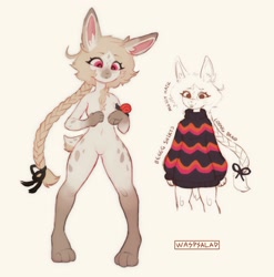 Size: 2352x2377 | Tagged: safe, artist:waspsalad, oc, oc only, oc:torpor, lagomorph, mammal, rabbit, anthro, belly button, blep, blonde hair, body markings, bow, braid, breasts, chest fluff, clothes, ear fluff, featureless breasts, featureless crotch, female, fluff, fur, hair, high res, paws, pink eyes, simple background, solo, solo female, sweater, tail, text, tongue, tongue out, topwear