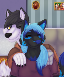 Size: 1000x1200 | Tagged: safe, artist:thatblackfox, canine, fox, mammal, wolf, black nose, blue dots, blue hair, blue nose, couple, cute, detailed background, duo, hair, one eye closed, red shirt, shoulder rub, smiley face, winking, yellow eyes