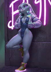 Size: 905x1280 | Tagged: safe, artist:olexeyoleg, judy hopps (zootopia), lagomorph, mammal, rabbit, anthro, cd projekt red, cyberpunk 2077, disney, zootopia, breasts, cameltoe, cleavage, clothes, crossover, cyberpunk, cyborg, eyelashes, female, footwear, glowing, glowing eyes, hands in pockets, holographic, jacket, legs, leotard, looking aside, neon, one-piece swimsuit, pockets, shoes, sneakers, solo, solo female, swimsuit, thick thighs, thighs, thong leotard, topwear