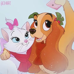 Size: 1080x1080 | Tagged: safe, artist:oha, collette (lady and the tramp), marie (the aristocats), canine, cat, cocker spaniel, dog, feline, mammal, spaniel, feral, disney, lady and the tramp, the aristocats, 2d, christmas, crossover, cute, duo, duo female, female, females only, fur, holiday, holly, kitten, orange body, orange fur, puppy, selfie, white body, white fur, young
