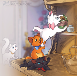 Size: 1200x1174 | Tagged: safe, artist:oha, berlioz (the aristocats), duchess (the aristocats), marie (the aristocats), toulouse (the aristocats), cat, feline, mammal, disney, the aristocats, 2d, black body, black fur, brother, brother and sister, brothers, concerned, cookie, female, food, fur, kitten, male, orange body, orange fur, siblings, sister, trio focus, white body, white fur, young