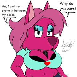 Size: 800x800 | Tagged: suggestive, artist:isaiahtse, oc, oc only, oc:alpine (isaiahtse), canine, mammal, wolf, anthro, blue eyes, bra, breasts, bust, clothes, dialogue, female, fur, huge breasts, looking at you, magenta body, magenta fur, makeup, phone, sassy, simple background, slightly chubby, talking, transparent background, underwear, watermark
