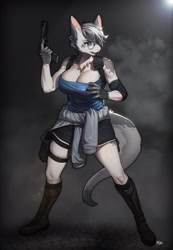 Size: 1929x2794 | Tagged: safe, artist:pgm300, jill valentine (resident evil), oc, oc only, dragon, fictional species, furred dragon, wingless dragon, anthro, plantigrade anthro, capcom, resident evil, 2021, adorasexy, bangs, beauty mark, beretta 92, big breasts, blue eyes, body markings, boots, breasts, cheek fluff, claws, cleavage, clothes, commission, cosplay, cute, cute little fangs, eyewear, fangs, female, fluff, footwear, freckles, fur, glasses, gloves (arm marking), gray hair, gun, hair, hair over one eye, handgun, high res, holster, legs, meganekko, multicolored hair, neck fluff, no bra underneath, pistol, ranged weapon, round glasses, sexy, sharp teeth, shoes, short hair, short skirt, shoulder fluff, shoulder holster, signature, skindentation, smoke, solo, solo female, spotted fur, straps, tail, tail fluff, teeth, thigh gap, thighs, trigger discipline, tube top, two toned body, two toned hair, weapon, white hair